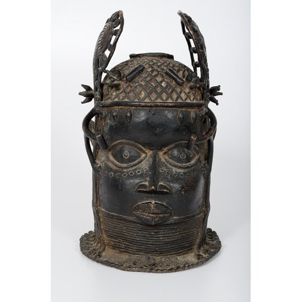 Benin Bronze Head : Benin Bronze Head African. A Benin (formerly Nigeria) bronze head of an Oba or king. Hollow. Approx 15.25 x 9.25 in.
