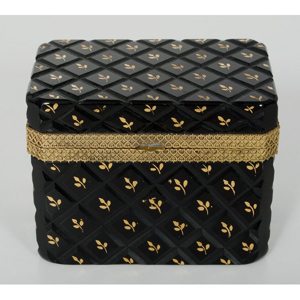 French Glass and Brass Box : French Glass and Brass Box Possibly French. A diamond cut hinged box with brass mounts and gold gilt leaf design, unmarked; ht. 4, wd. 5, dp. 3.5 in.