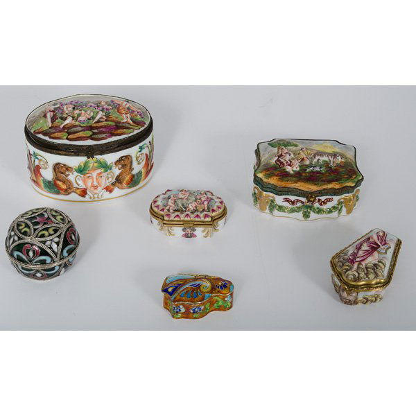 Capodimonte Porcelain Boxes, Plus : Capodimonte Porcelain Boxes, Plus Italian. A group of four Capodimonte hinged porcelain boxes having scenic and floral decorations. Largest box is 4.25 x 3.25 in. Smallest is 2.5 x 1.5 in. Plus two