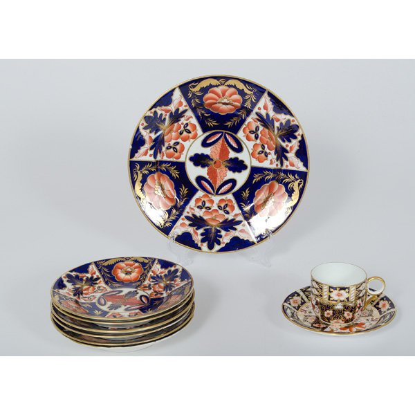 Royal Crown Derby Tablewares : Royal Crown Derby Tablewares An assembled group of Royal Crown Derby tablewares, including a dinner plate, six bread plates, a cup and saucer and a open jar and small tray, all marked; largest dinne