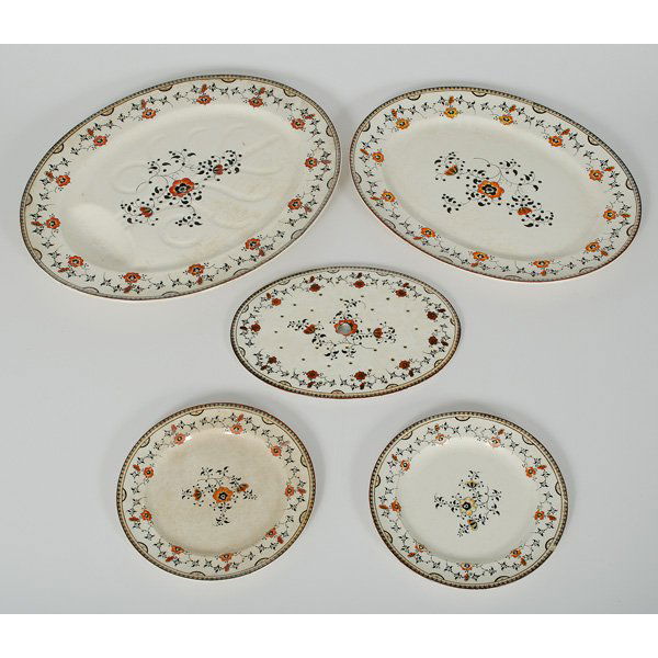 English Davenport Ironstone Platters, Plus : English Davenport Ironstone Platters, Plus English. A group of English Davenport stoneware in the "Meissen" pattern; includes a meat platter with drip well, a meat platter with trivet, and two plate