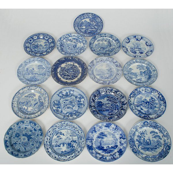 Blue and White Staffordshire Plates : Blue and White Staffordshire Plates English, 19th century. A seventeen-piece assembled group of blue and white Staffordshire dinner plates, nine with various maker's marks, including Spode, Wedgwood