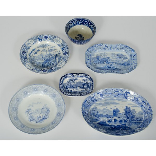 Blue and White Staffordshire Tablewares : Blue and White Staffordshire Tablewares English, 19th century. A six-piece assembled group of blue and white Staffordshire tablewares, including one deep bowl, two serving bowls, one oval platter, a