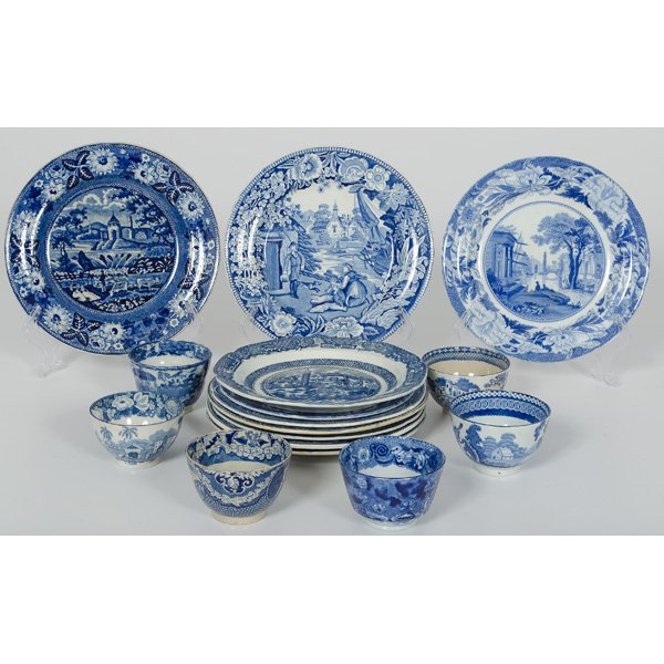 Blue and White Staffordshire Tablewares : Blue and White Staffordshire Tablewares English, 19th century. A twenty-seven-piece assembled group of blue and white Staffordshire tablewares, including four saucers, ten assorted-sizes luncheon pl