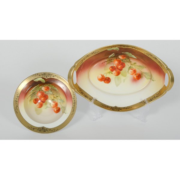 Bavarian Hand-painted Tablewares : Bavarian Hand-painted Tablewares Two Bavarian porcelain tablewares with hand-painted cherry motifs. Signed J. Braun. Marked Bavarian China, Handpainted, with Bavarian mark. Largest 12.25 x 8 in.
