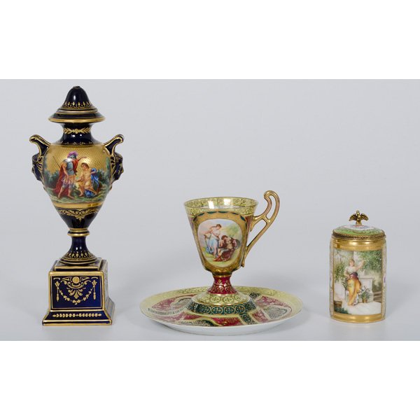 Viennese Painted Porcelain Tablewares : Viennese Painted Porcelain Tablewares Viennese. A lidded urn on stand, a lidded handled cann, and a handled cup and saucer all with gilding and painted figural scenes in reserves, all marked for Aus