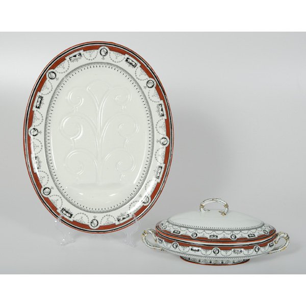 Minton Tureen and Asparagus Tray : Minton Tureen and Asparagus Tray English, ca 1840s. A Minton covered vegetable dish and a meat platter, marked with English tegistry marks for Ceramic/ Minton; bowl, 13 x 7.25 in., platter, 17 x 13.