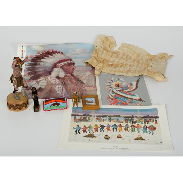 Box Lot of Native American and Western Items : Box Lot of Native American and Western Items Lot of 9, 20th century. Includes a beaded belt buckle, katsina, two small dolls, three posters, a lizard skin, and a small painting of a quail by Steven 