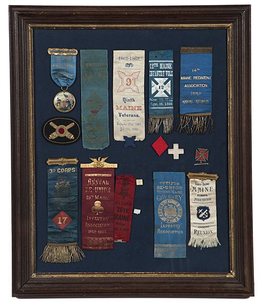 Rare Group of Maine Regiment Ribbons, Plus : Rare Group of Maine Regiment Ribbons, Plus Lot of 15 pieces framed together, including: ribbon from First Maine Heavy Artillery Annual Reunion at Vinalhaven, 1883, with cello battle scene hanger; Th