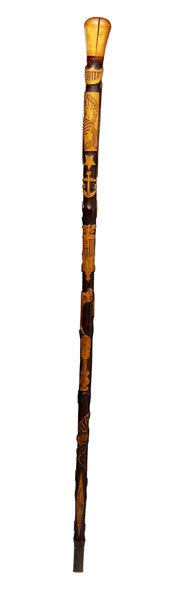 GAR Hand-Carved Folk Art Cane : GAR Hand-Carved Folk Art Cane Hand-carved cane, 35 in. ln., 1.5 in. ferrule; wonderfully carved with American eagles, Union Corps badges, an arrow, GAR medal, knife, violin, turtle, and a bird with 