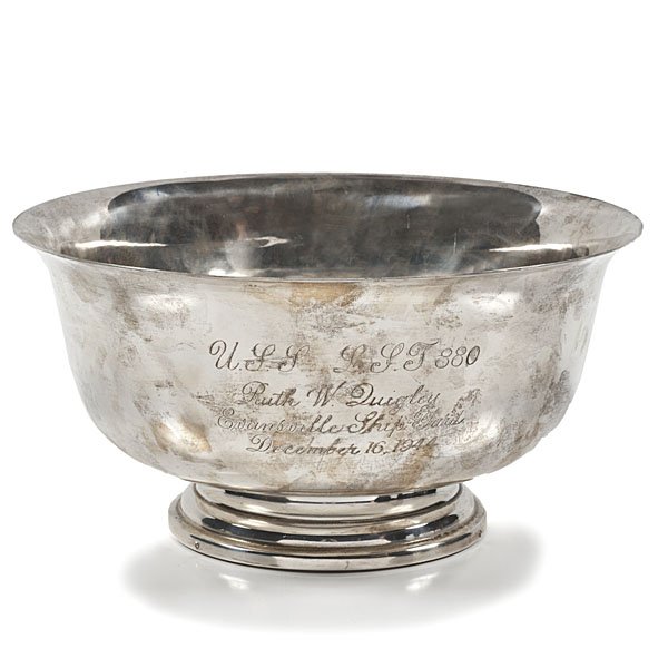USS Lake County Sterling Bowl for Ruth Quigley 1944: U.S.S. Lake County Sterling Bowl Presented to Ruth Quigley, December 16, 1944 A sterling silver bowl engraved USS LST-880 / Ruth W. Quigley / Evansville Ship Yard / December 16, 1944, with the patri