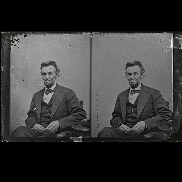 Collodion Glass Negative, Lincoln's Last Sitting: Collodion Glass Negative From Abraham Lincoln's Last Sitting, Descended in the Family of M.P. Rice Alexander Gardner (1821-1882). Stereoscopic glass plate, collodion negative, 4.25 x 7 in., approx