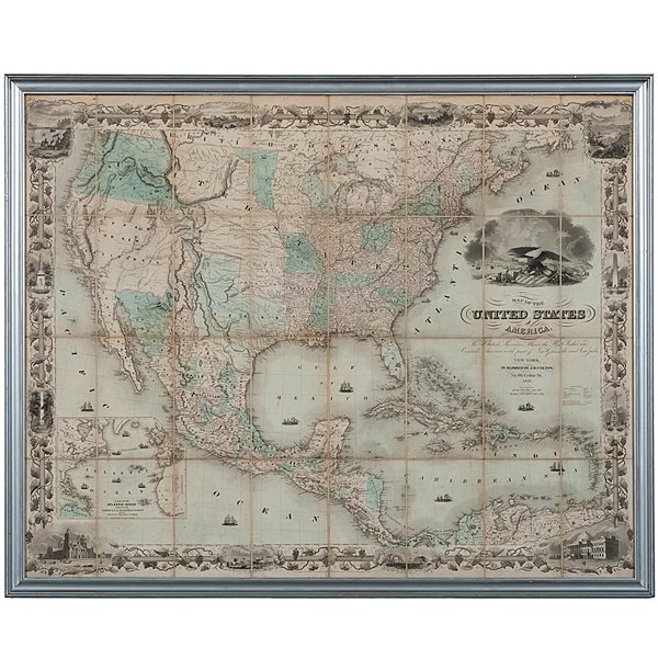 Colton's 1849 Map of the US Showing CA Gold Fields: Colton's 1849 Map of the U.S. Showing California Gold Fields Approx. 34 x 42 in. (sight) map, dissected and mounted on linen. Hand-colored with inset map of the Atlantic Ocean with a number of ships