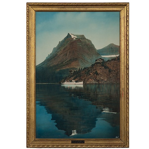 Haynes Hand-Colored Photo of Glacier Natl. Park: F. Jay Haynes Hand-Colored Photograph of Glacier National Park, In Original Frame 24 x 36 in., framed, 28.5 x 40.5 in. Plaque on frame reads Going-To-The-Sun Mountain / Lake Saint Mary / Glacier Nat