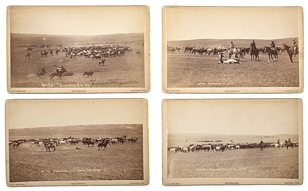 C.D. Kirkland Photographs of Cow-Boy Life : C.D. Kirkland Photographs of Cow-Boy Life Lot of 4 boudoir cards, each with C.D. Kirkland's Cheyenne, Wyoming imprint on mount recto and printed list of titles from Views of Cow-boy Life on verso