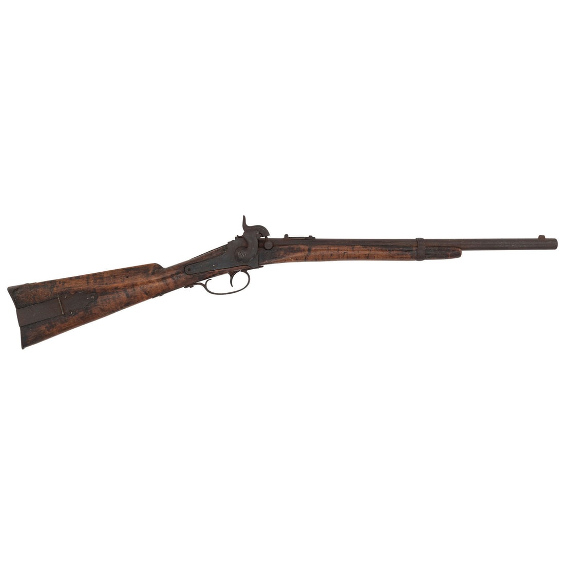 Likely Confederate Altered Sharps Carbine: Likely Confederate Altered Sharps Carbine American Civil War .52 caliber. 20.625" round barrel. SN: NSN. Heavily oxidized metal without any finish, iron furniture, southern hardwood stock. Single shot