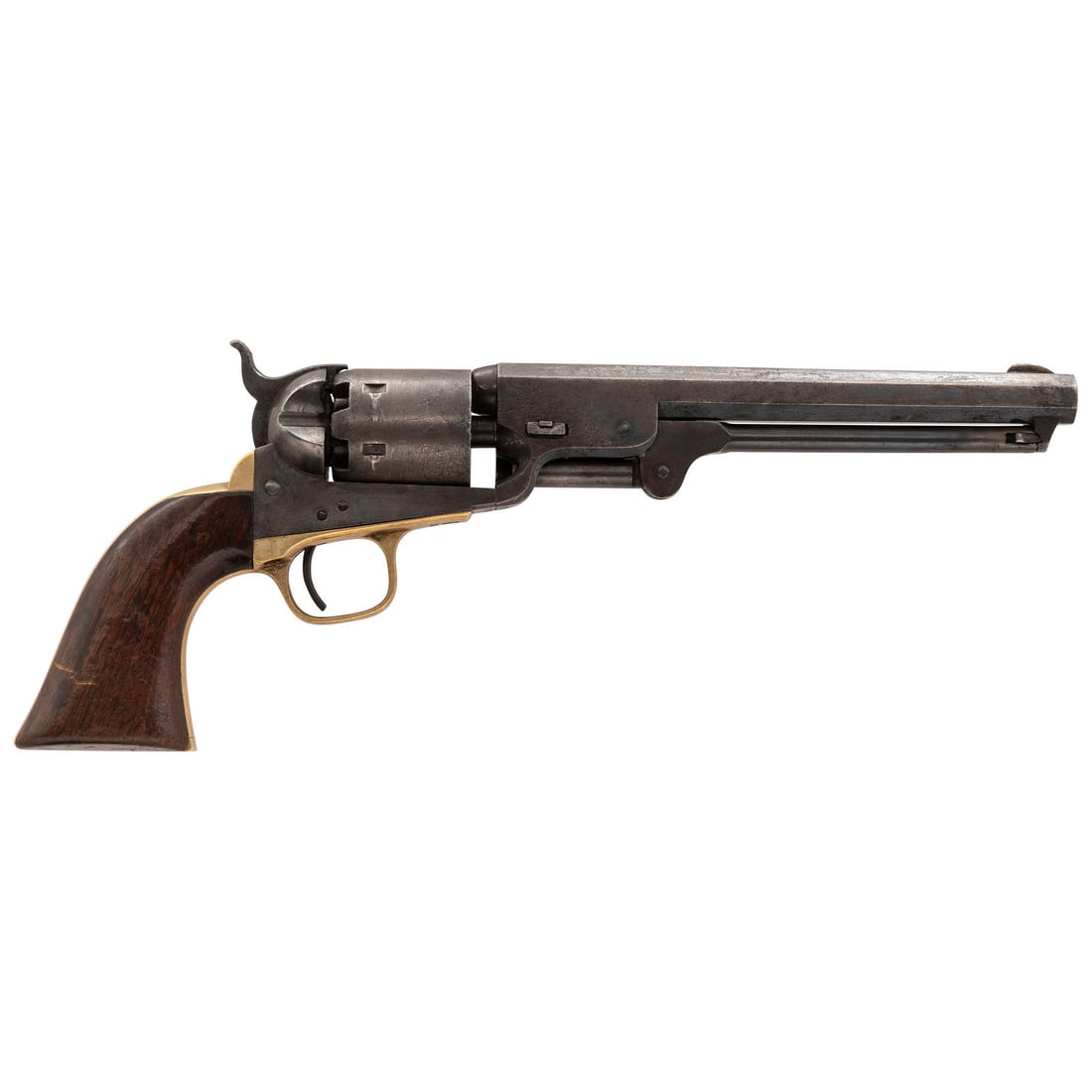 Post Civil War Colt Model 1851 Navy Revolver: Post Civil War Colt Model 1851 Navy Revolver .36 caliber. 7.5" octagonal barrel. SN: 204411 (mfg. ca1867). Blued and color casehardened finish with silver-plated brass backstrap and triggerguard, and 
