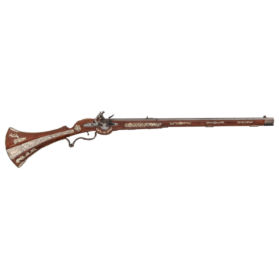 Contemporary Flintlock Rifle in the Style of an Elizabethan Carbine by John B. Derrick (American,: Contemporary Flintlock Rifle in the Style of an Elizabethan Carbine by John B. Derrick (American, b.1936) .40 caliber. 30" two stage octagonal to round barrel length. SN: NSN. Bright metal finish. Map