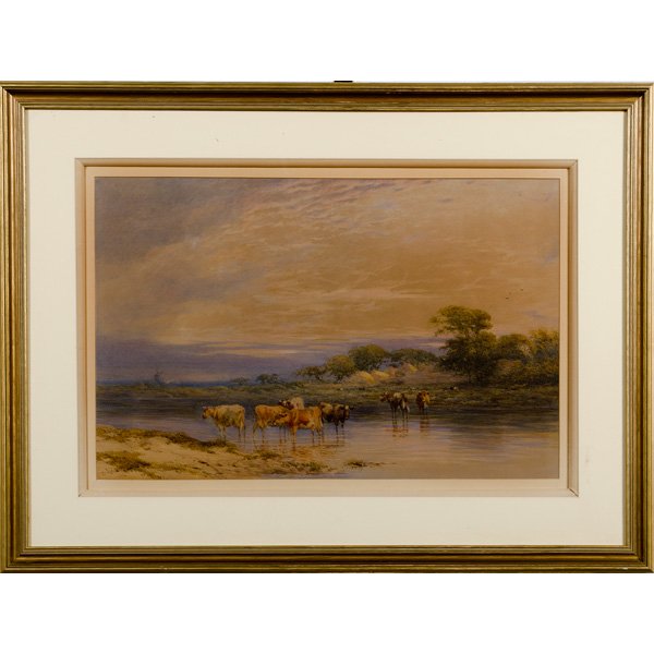 Thomas Francis Wainewright (British, 1794-1883), La: Thomas Francis Wainewright (British, 1794-1883), Landscape Watercolor on paper, depicting cattle in river, signed l.l. and containing English dealers label on verso; 16.5 x 25.5 in.