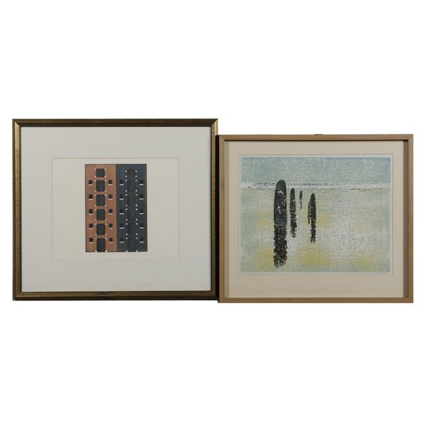 Modernist Works on Paper, 20th Century : Modernist Works on Paper, 20th Century A group of 4 works on paper by 20th century artists, including: 1.) Ansei Uchima, a woodcut in colors, titled Descending Moon; 16 x 4.75 in. 2.) Glen Krause, w
