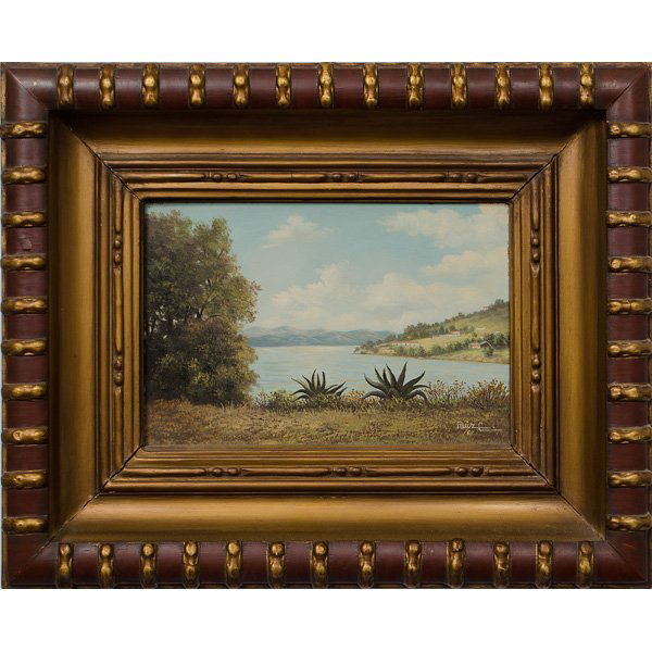 Mexican Landscape by Pedro Ruiz Carreon : Mexican Landscape by Pedro Ruiz Carreon Oil on masonite, signed l.r. and dated 76, titled on verso Viste Valle de Bravo. A landscape with lake depicted; 8 x 11.5 in. Gallery label presen