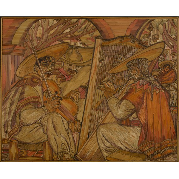Straw Mosaic of Mexican Musicians by E. Hernandez : Straw Mosaic of Mexican Musicians by E. Hernandez E. Hernandez (Mexican, 20th century), a straw mosaic in colors, with artist's name l.r.; 13.5 x 17 in.