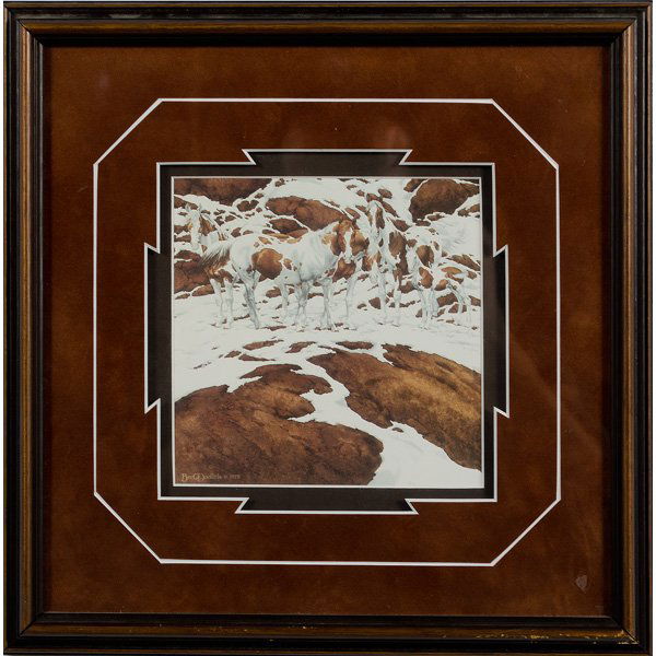 Bev Doolittle (American, b. 1947), Pintos : Bev Doolittle (American, b. 1947), Pintos Lithograph, titled Pintos on verso, with artist's name, copyright, and date 1978 in print l.l.; 6.5 in. square Known as a painter of the American West, Be