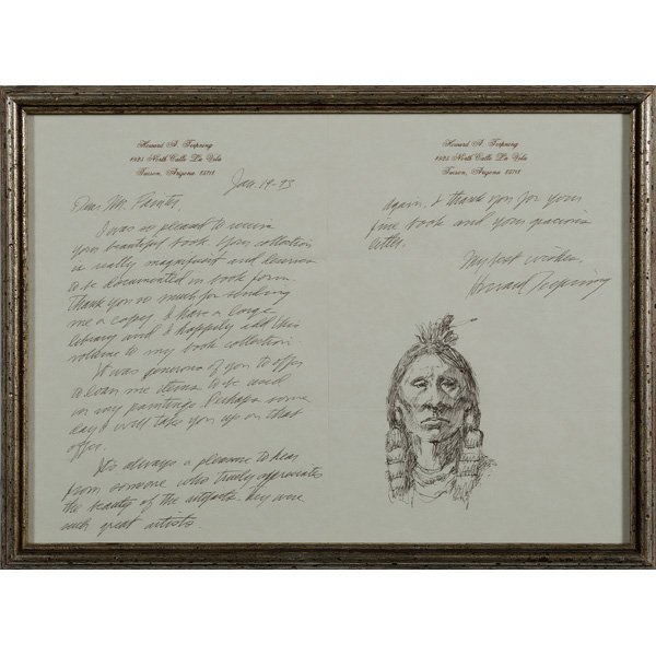 Howard Terpning (American, b. 1927), Letter and In: Howard Terpning (American, b. 1927), Letter and Indian Study Letter and sketch, on Terpning's personalized stationary and addressed to John Painter, Cincinnati Indian Art Collector. The letter is 