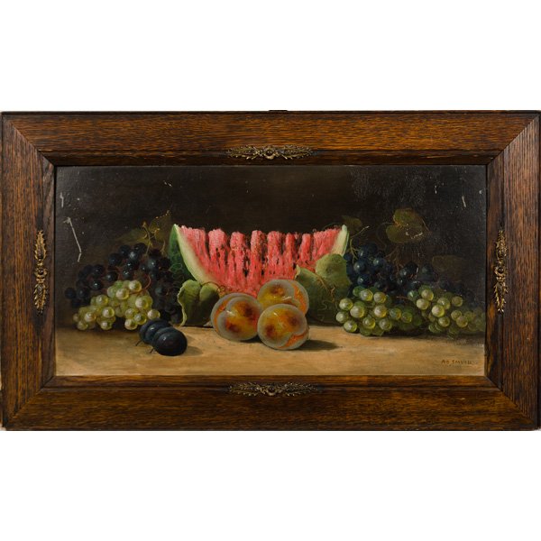 R.O. Smith (Cincinnati, OH, 20th Century), Still L: R.O. Smith (Cincinnati, OH, 20th Century), Still Life of Fruit Oil on board, signed l.r.; 11.75 x 23.5 in. A folk art still life depicting watermelon.