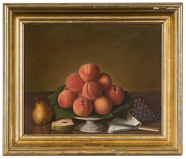 After John F. Francis (American, 1808-1886), Still: After John F. Francis (American, 1808-1886), Still Life of Fruit Oil on canvas, 19th century, a still life with peaches, pear, and grapes, housed in lemon-gilt frame, with plaque attributing the wor
