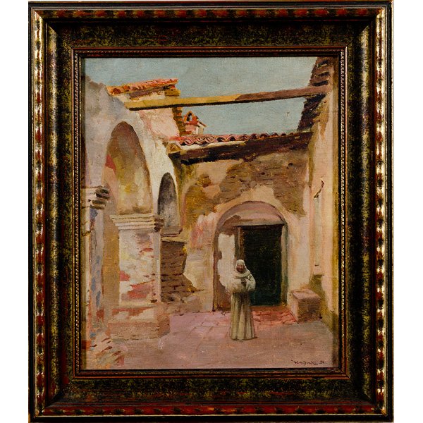 William Henry Drake (American, 1856-1926), Priest : William Henry Drake (American, 1856-1926), Priest Standing in Mission Doorway Oil on board, signed and dated 94 l.r.; 12 x 10 in. Although born in New York, William Henry Drake studied at the Cincin