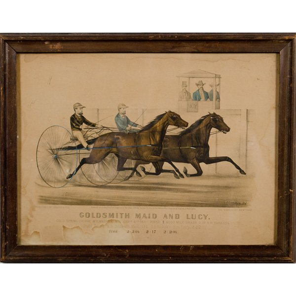 Currier and Ives Sulky Lithograph : Currier and Ives Sulky Lithograph Lithograph on paper, Currier & Ives, titled Goldsmith Maid and Lucy , a print depicting the sulky racer's time, a far less common Currier; 11.25 x 15.25 in.