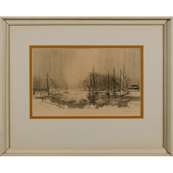 Joe Jones (American, 1909-1963), Regatta : Joe Jones (American, 1909-1963), Regatta Lithograph on paper, bearing original AAA label on verso, signed in pencil l.r.; 8.25 x 13.25 in. An edition of 250, this lithograph is a rare example of t