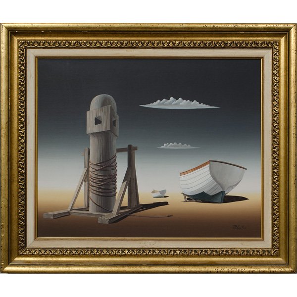 Norman Black (England/India, 1920-1999), Surrealis: Norman Black (England/India, 1920-1999), Surrealist Landscape A surrealist landscape with watch tower and boat in the desert, signed l.r.; 16 x 19.5 in.