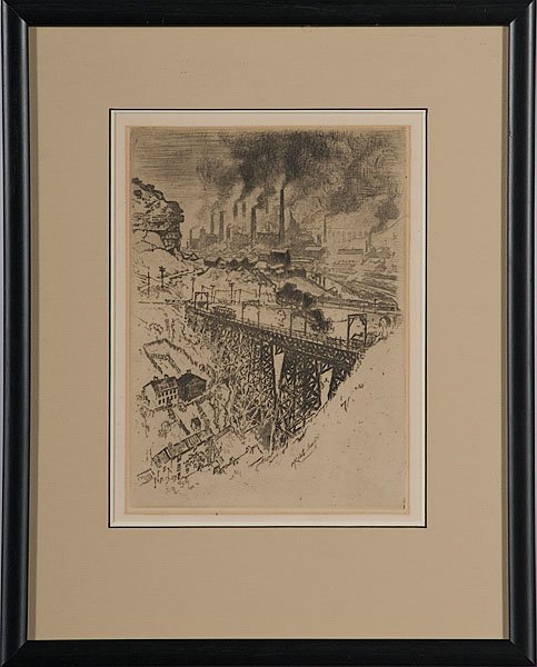 Industrial Landscape Etching by Joseph Pennell: Industrial Landscape Etching Etching on paper, ca 20th century, illegible signature l.r.; 12 x 8.75 in.