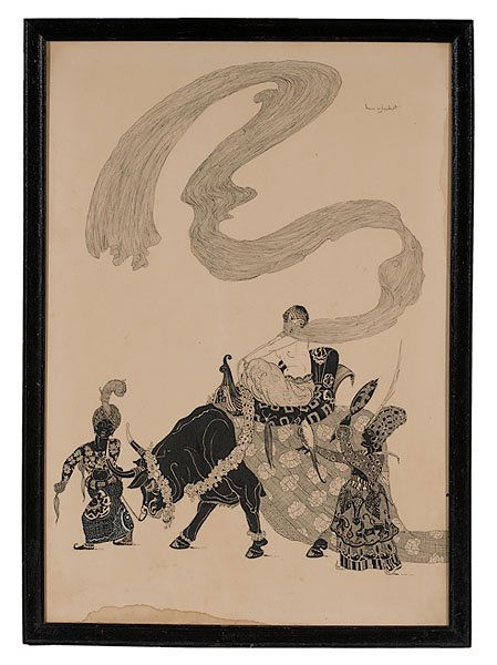 Stylized Monochrome Orientalist Scene, Ink on Boar: Stylized Monochrome Orientalist Scene, Ink on Board Orientalist scene, titled Caravan, with illegible signature and dated 24, u.r.; 25 x 17.5 in. This ink is similar to the work of Erte.