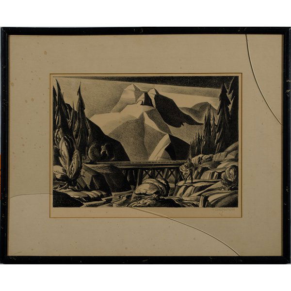 Dale William Nichols (American, 1904-1995), Fishin: Dale William Nichols (American, 1904-1995), Fishing Monochrome lithograph on paper, probably for Associated American Artists but lacking label, in AAA style or original frame, depicting a fishing sc