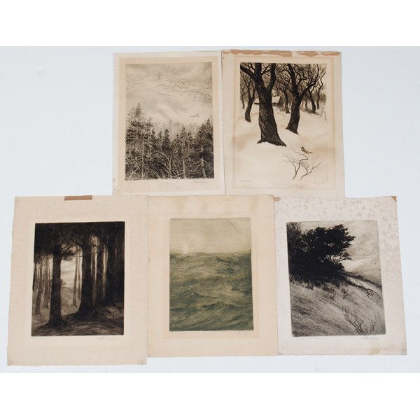 Earl Howell Reed (American, 1863-1931), Landscape : Earl Howell Reed (American, 1863-1931), Landscape Etchings Five etchings on paper, one titled A Ship of Dreams l.l., one titled The First Voice l.l. with inscription To our good friends / "The Hille