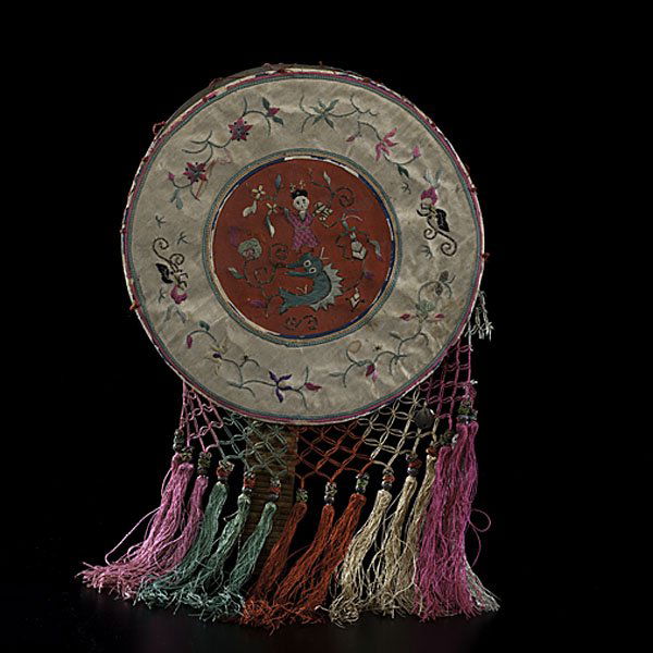 Chinese Bronze Mirror with Covering : Chinese Bronze Mirror with Covering Chinese, early 20th century. A well polished mirror, inscribed on one side, with embroidered covering; ht. 10.5 in.