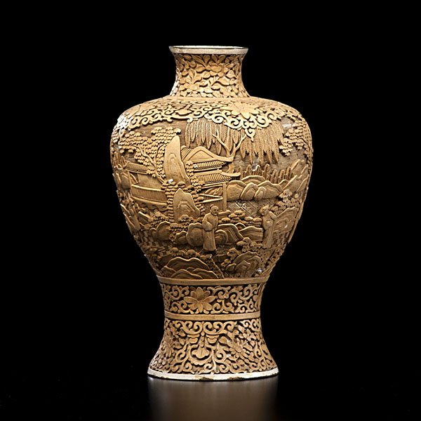Chinese White Cinnabar Vase : Chinese White Cinnabar Vase Chinese, 20th century. A baluster-form white cinnabar vase depicting a continuous scene of figures in a landscape along a central band, the shoulder and two lower regi