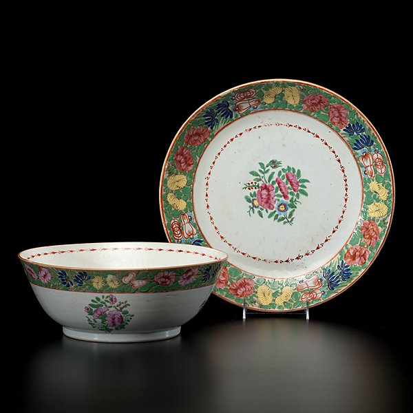 Chinese Export Punchbowl and Plate : Chinese Export Punchbowl and Plate Chinese Export. Two pieces of porcelain tablewares including a bowl with famille rose decoration of fruit and flowers, with a central flower rose canton med