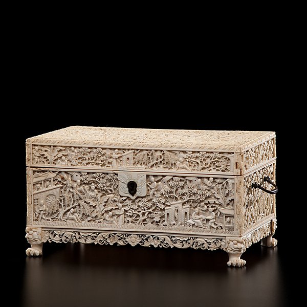 Chinese Export Carved Ivory Sewing Box : Chinese Export Carved Ivory Sewing Box Chinese Export. An ivory sewing box with hinged lid having two handles, a key hole and a removable fitted interior tray holding carved ivory accessories, all
