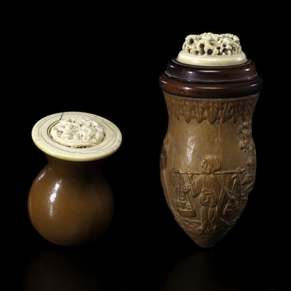 Chinese Cricket Cages : Chinese Cricket Cages Chinese, 18th/19th century. Two cricket cages made out of gourds with ivory tops, one top having ornately carved figures in a landscape, the other top with carved flowe