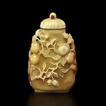 Chinese Hornbill Snuff Bottle : Chinese Hornbill Snuff Bottle Chinese, 19th century. A hornbill snuff bottle, nicely carved with peaches and inscription, matching cap; ht. 2.5 in.