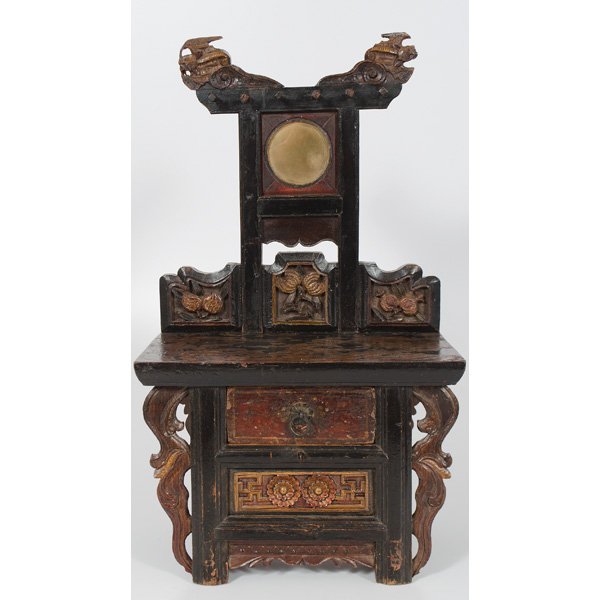 Chinese Paint Brush Bench or Cabinet: Chinese Paint Brush Bench or Cabinet Chinese. A wooden paint brush bench or cabient with polychrome and carved details depicting pomegranates, bats, and floral motifs, having a dovetail constructed