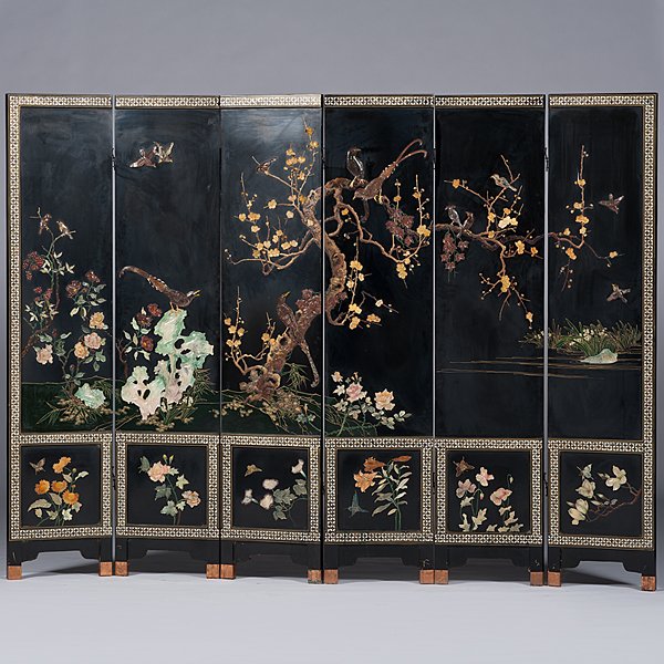 Chinese Decorative Screen : Chinese Decorative Screen Chinese, 20th century. A six-panel lacquer screen painted to resemble soapstone with mother-of-pearl inlay, having a continuous scene of birds and floral motifs; each p