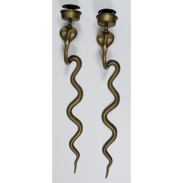 Chinese Brass Snake Wall Sconces : Chinese Brass Snake Wall Sconces Chinese. A pair of two-piece brass wall sconces each in the shape of a snake with twisting body, the heads having impressed yin-yang symbol, both unmarked; lg. 2