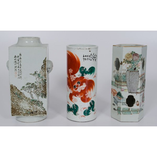 Chinese Brush Pots, Plus : Chinese Brush Pots, Plus Chinese. Two painted, porcelain brush pots including a cylindrical brush pot with orange and green dragon motifs and calligraphic script, and a pierced, faceted brus