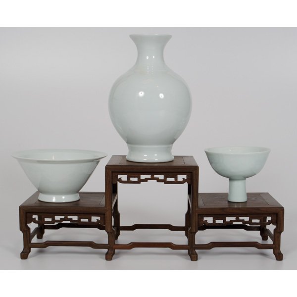 Chinese Blanc-de-Chine Tablewares : Chinese Blanc-de-Chine Tablewares Chinese. Three blanc-de-chine tablewares including a baluster-form vase, a footed bowl, and a bowl with deeply sloping sides, all unmarked and on a 20th c