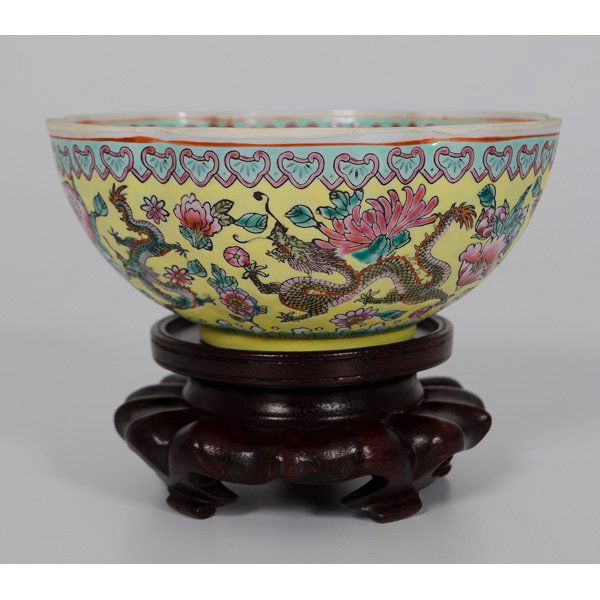 Chinese Famille Rose Dragon Bowl : Chinese Famille Rose Dragon Bowl Chinese. A very thinly potted famille rose dragon bowl having five-clawed dragons surrounded by floral motifs on a yellow ground, with a ruyi border around the